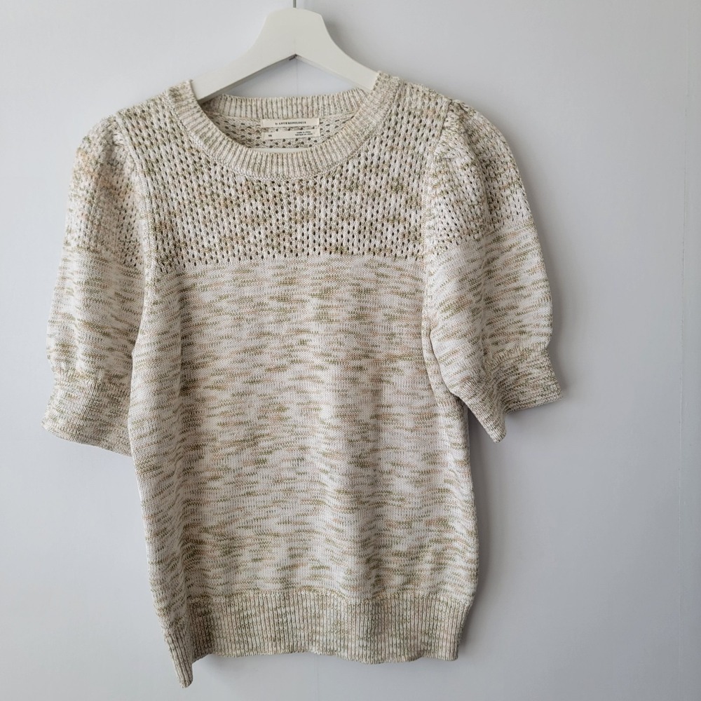Anthropologie women's puffed sleeveknit sweater size XS open-knit upper panel